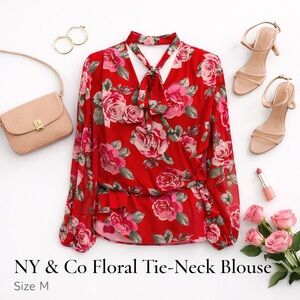 NY & Co Red Floral Tie Neck Wrap Blouse Romantic Rose Print Top M